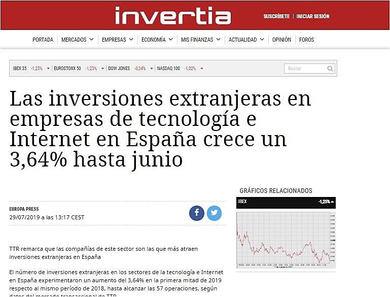 Las inversiones extranjeras en empresas de tecnologa e Internet en Espaa crece un 3,64% hasta junio